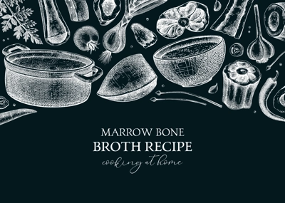 Healthy food background. Marrow bone broth frame. Hot soup on plates, pans, bowls, organ meat, vegetables, marrow bones sketches. Hand drawn vector illustrations. Homemade food on chalkboard